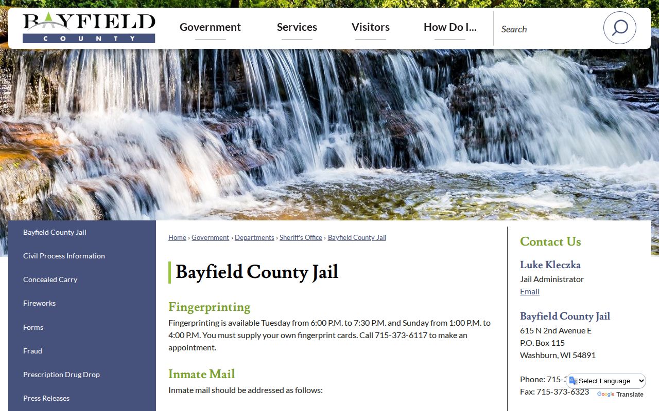 Bayfield County Jail booking-record contact page