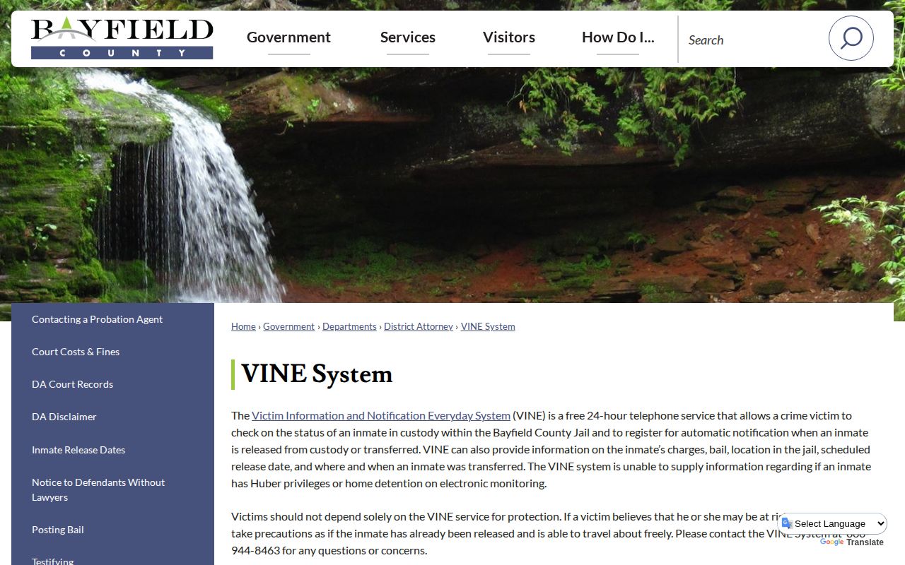 Bayfield County VINE custody and release notification information